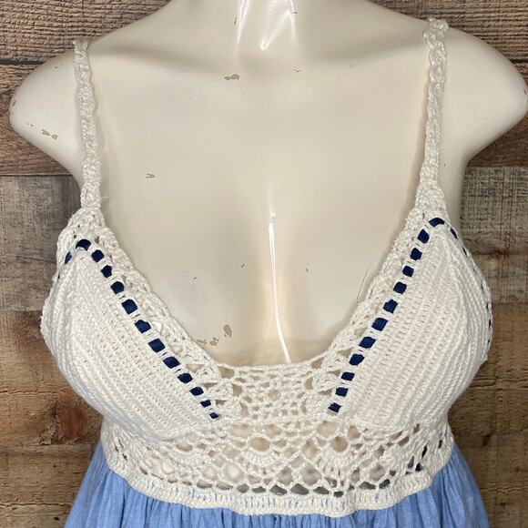Tommy Hilfiger Crochet Chambray Dress Sleeveless Open Back Blue Ivory SZ Medium - Picture 2 of 12